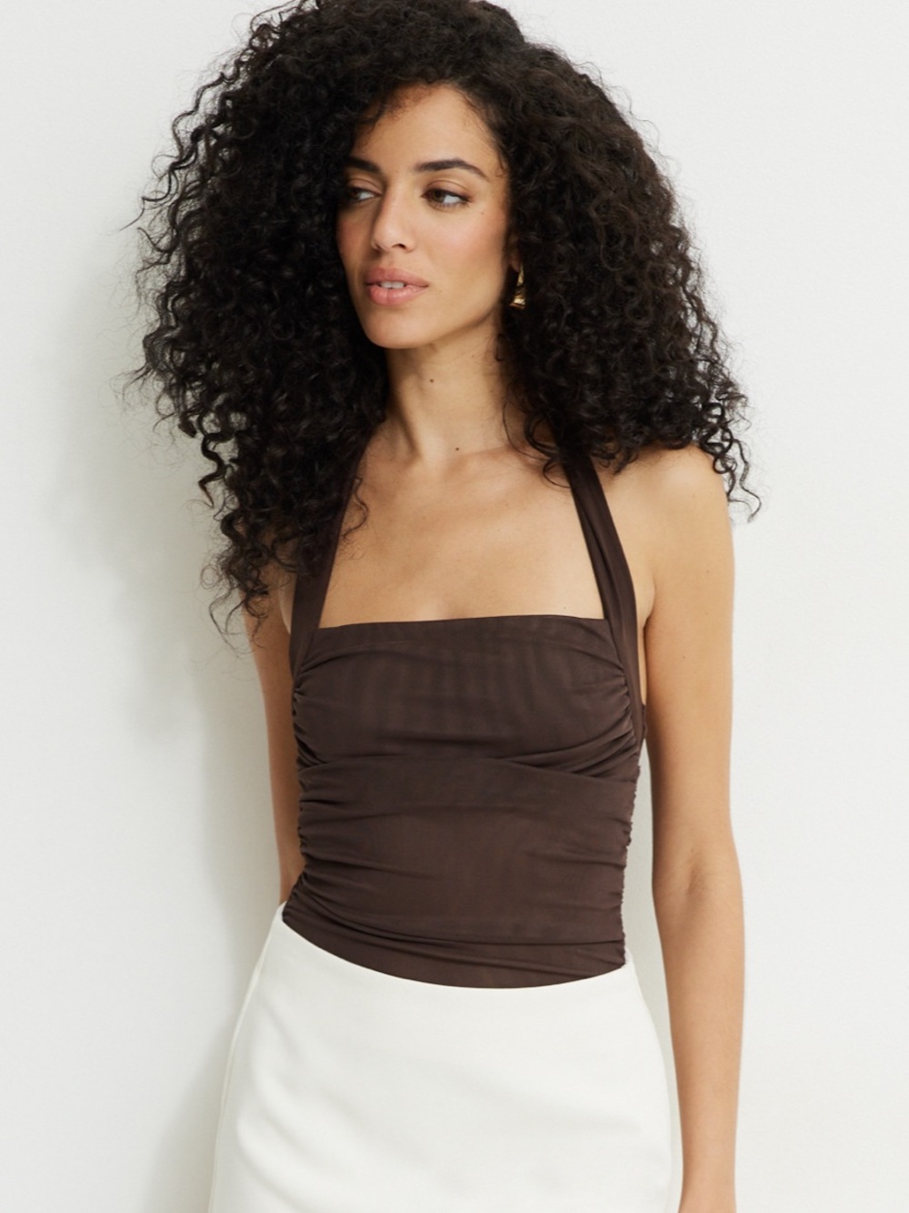 Dynamite Brown Halter Ruched Bodysuit